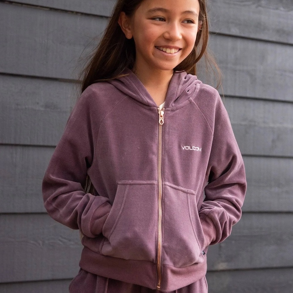 Volcom Plum Hooded Jacket sweater velour zip 8/10 girls